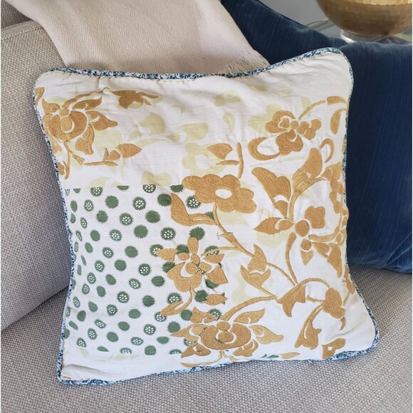Anthropologie Embroidered Cotton Indian Block Print Reversible Pillow Cover 20" - Picture 1 of 14